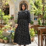 پیراهن زنانه گلدار کرپ نخ طوسی بنفش