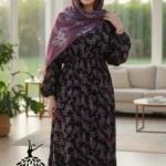 پیراهن زنانه گلدار کرپ نخ عروسکی مشکی بنفش